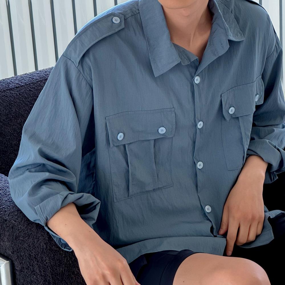 남자 여름 견장 투포켓 루즈핏 긴팔 셔츠